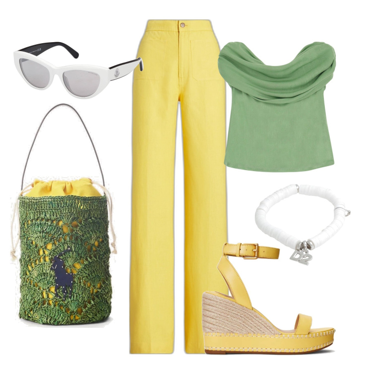 Outfit donna - Brasil. Stile Casual chic per Tutti i giorni. Abbinamento con braccialetti, top, borse a secchiello, espadrillas, pantaloni, occhiali da sole.