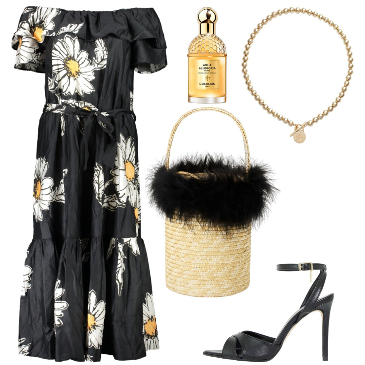 Outfit donna - Daisy. Stile Romantica per Serata fuori. Abbinamento con profumi, décolleté, borse a secchiello, collane, vestiti lunghi.
