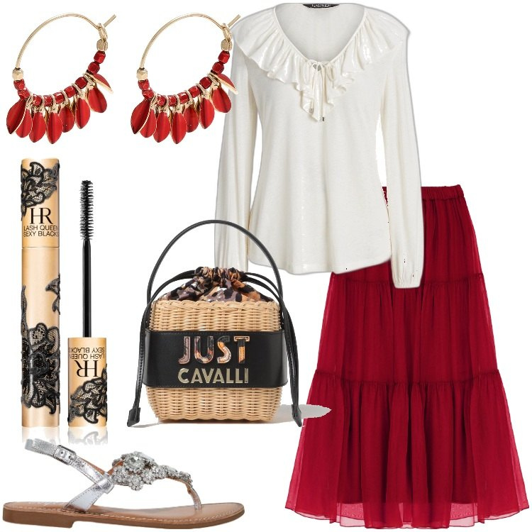 Outfit donna - Boho Chic. Stile Boho per Serata fuori. Abbinamento con orecchini, mascara, gonne lunghe, sandali, bluse, borse a mano.