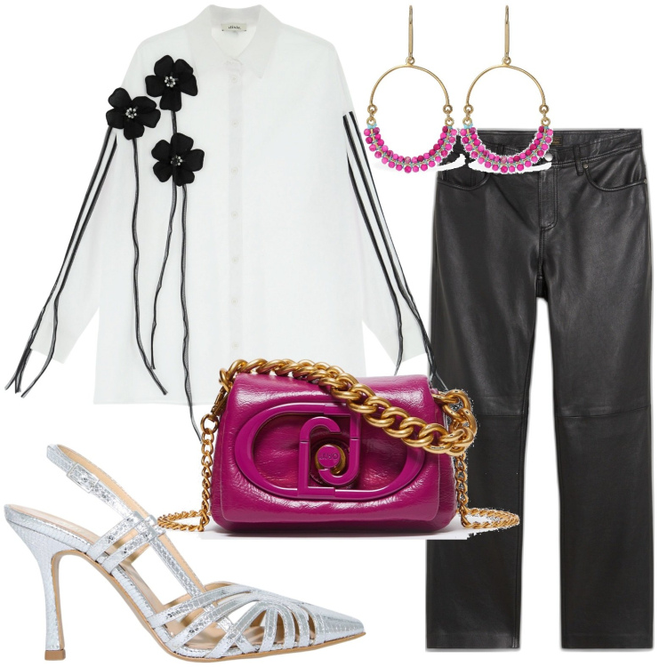 Outfit donna - Borsa ciclamino. Stile Casual per Tutti i giorni. look ideale per Petite. Abbinamento con pantaloni, sandali in pelle, camicie, borse a mano, orecchini.