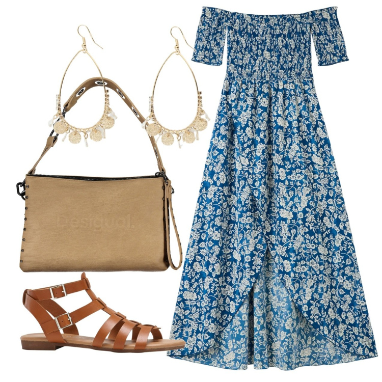 Outfit donna - Romantica. Stile Romantica per Tutti i giorni. Abbinamento con sandali, vestiti lunghi, orecchini, borse a spalla.