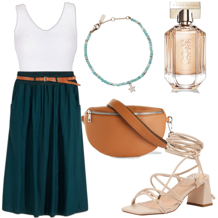 Outfit donna - Total look #1895718. Stile Casual per Tutti i giorni. Abbinamento con gonne lunghe, marsupi, profumi, sandali alla schiava, braccialetti, top.