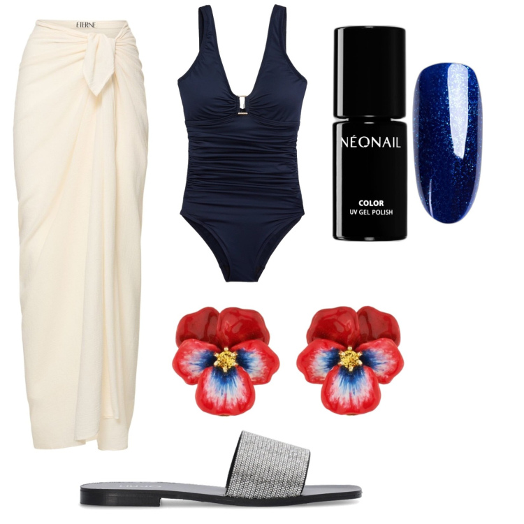 Outfit donna - Aperitivo chic in spiaggia. Stile Chic per Mare. Abbinamento con orecchini, smalti, costumi, gonne, ciabatte.