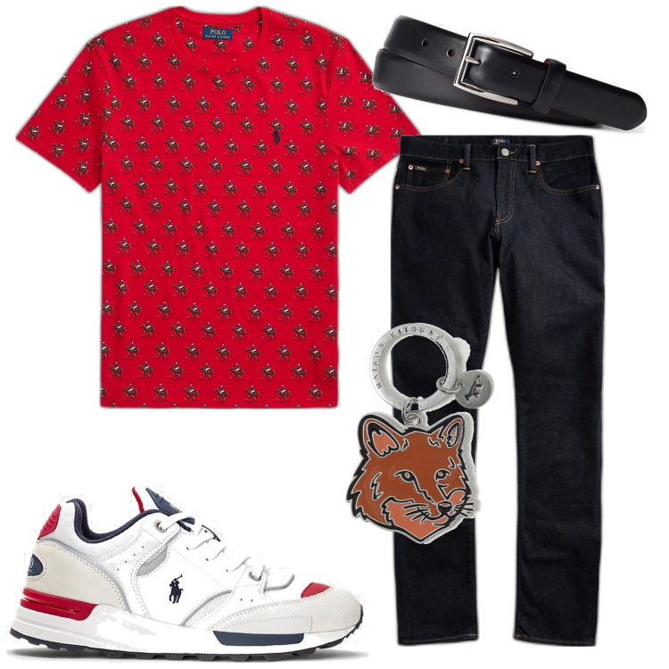 Outfit uomo - Sportivo con t-shirt. Stile Casual per Tutti i giorni. Abbinamento con jeans, cinture, sneakers alte, t-shirt, portachiavi.