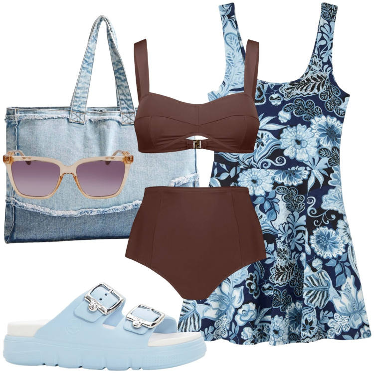 Outfit donna - Desiderio di mare. Stile Bon Ton per Mare. look ideale per Petite. Abbinamento con ciabatte, vestiti corti, shopping bag, bikini, occhiali da sole.