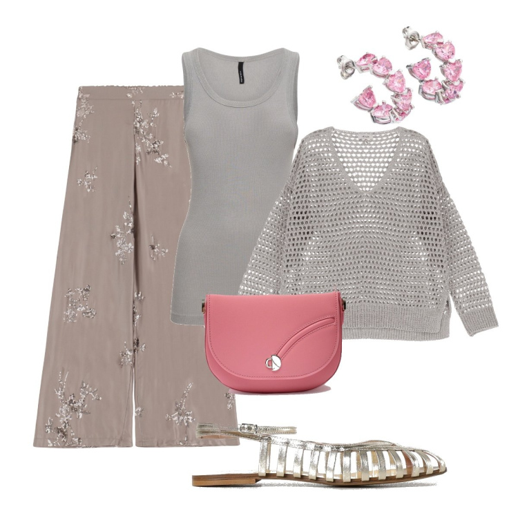 Outfit donna - Té earl grey. Stile Minimal per Tutti i giorni. Abbinamento con orecchini, pantaloni a palazzo, pullovers, sandali, canottiere, borse a tracolla.
