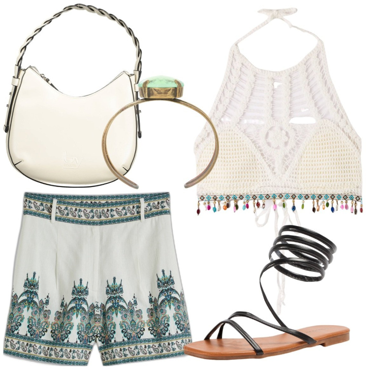 Outfit donna - Notte a Tangeri. Stile Etnico per Serata fuori. Abbinamento con shorts, top, sandali, braccialetti, borse a spalla.