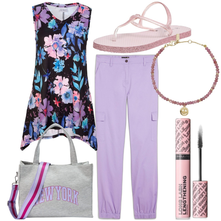 Outfit donna - Tempo libero. Stile Casual per Tutti i giorni. Abbinamento con maglieria, pantaloni cargo, mascara, sandali, shopping bag, braccialetti.