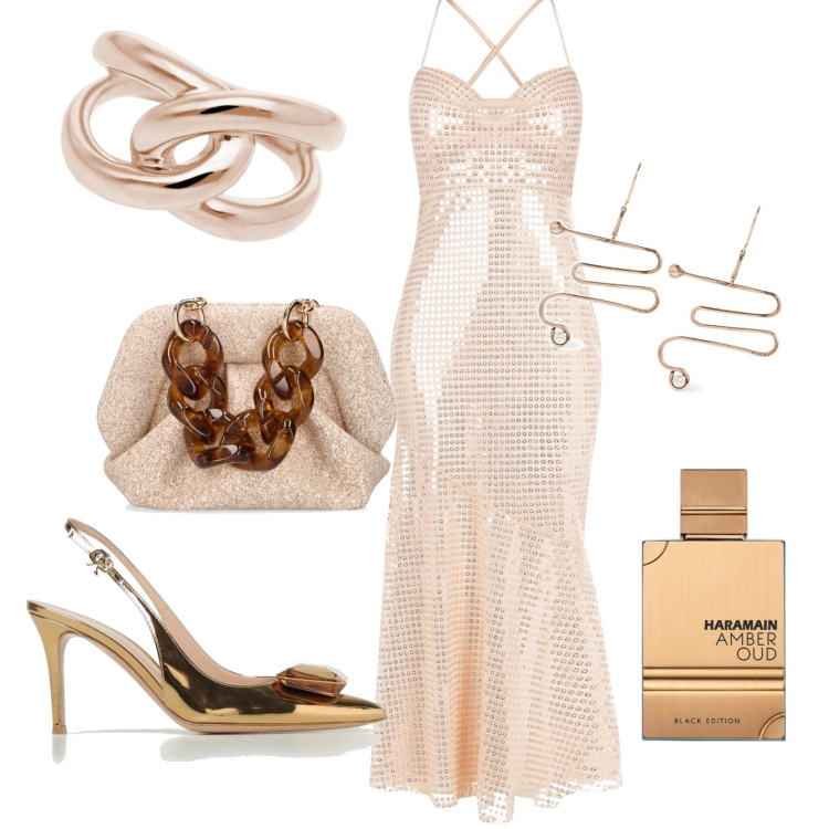 Outfit donna - Serata. Stile Chic per Serata fuori. Abbinamento con profumi, anelli, vestiti lunghi, pochette, orecchini, scarpe col tacco.