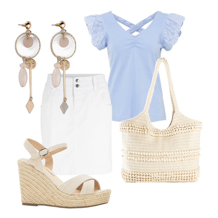 Outfit donna - Ghost outfitter - giugno. Stile Casual chic per Tutti i giorni. Abbinamento con minigonne, orecchini, sandali, shopping bag, orecchini.
