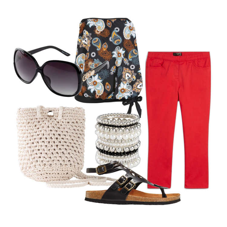 Outfit donna - Ghost io fitter - giugno. Stile Trendy per Tutti i giorni. Abbinamento con pantaloni, top, sandali in pelle, braccialetti, occhiali da sole, borse a tracolla.