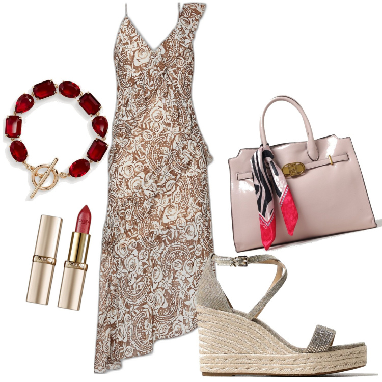 Outfit donna - Fascino lussuoso. Stile Casual chic per Tutti i giorni. Abbinamento con rossetti, braccialetti, sandali, borse tote, vestiti asimmetrici.