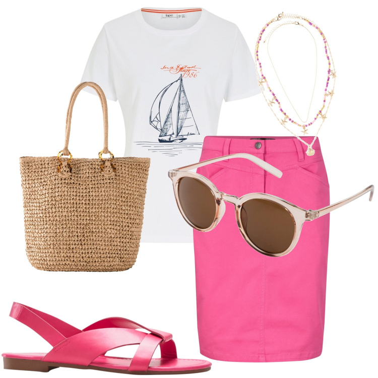 Outfit donna - Tutti i giorni. Stile Casual per Tutti i giorni. Abbinamento con gonne, occhiali da sole, sandali, t-shirt, shopping bag, ciondoli.