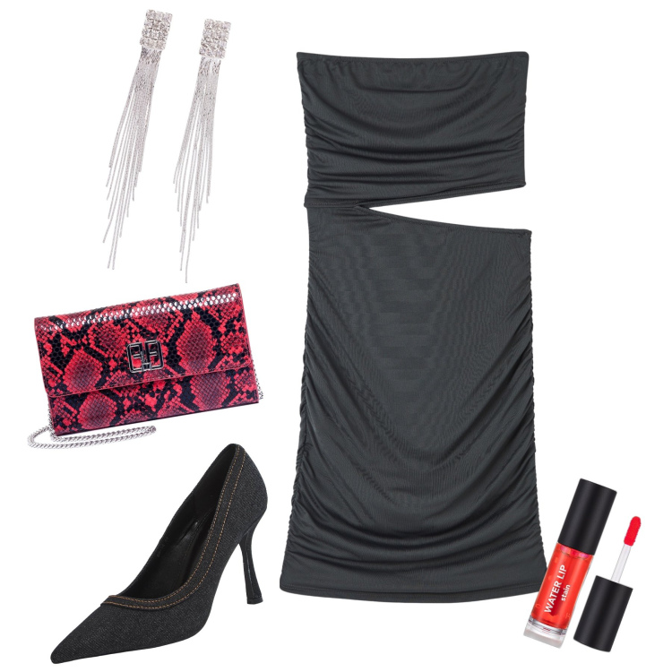 Outfit donna - Sexy risparmiando. Stile Sexy per Serata fuori. Abbinamento con orecchini, rossetti, vestiti, décolleté, pochette.