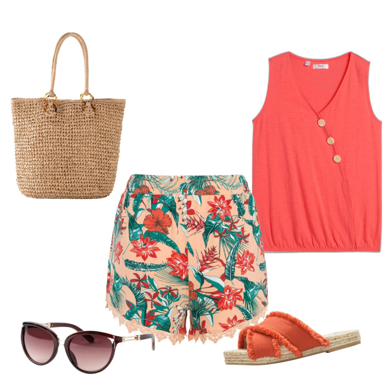 Outfit donna - Total look #1895862. Stile Casual per Mare. Abbinamento con top, occhiali da sole, shorts, shopping bag, ciabatte.