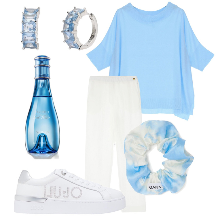 Outfit donna - Raccogliamo i capelli. Stile Casual chic per Tutti i giorni. Abbinamento con profumi, orecchini, maglieria, pantaloni, accessori per capelli, sneakers.
