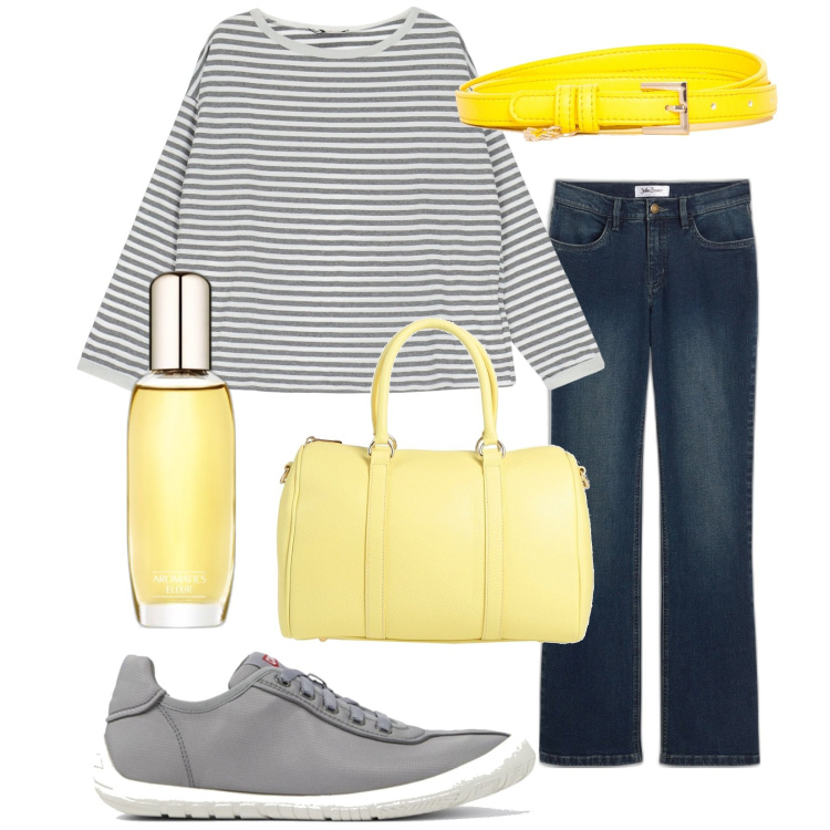 Outfit donna - Total look #1895871. Stile Urban per Tutti i giorni. Abbinamento con jeans bootcut, borse a mano, profumi, cinture, t-shirt, sneakers.