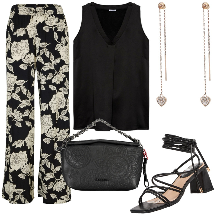 Outfit donna - Total look #1895876. Stile Casual chic per Ufficio. Abbinamento con pantaloni a palazzo, sandali alla schiava, orecchini, top, collane.