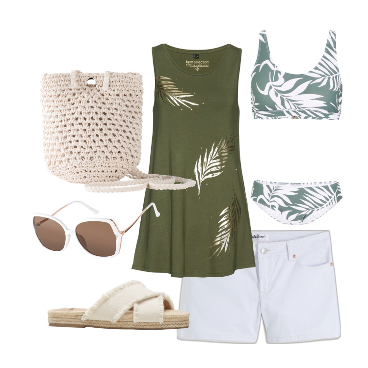 Outfit donna - Total look #1895877. Stile Casual per Mare. Abbinamento con ciabatte, shorts, top, bikini, borse a tracolla, occhiali da sole.