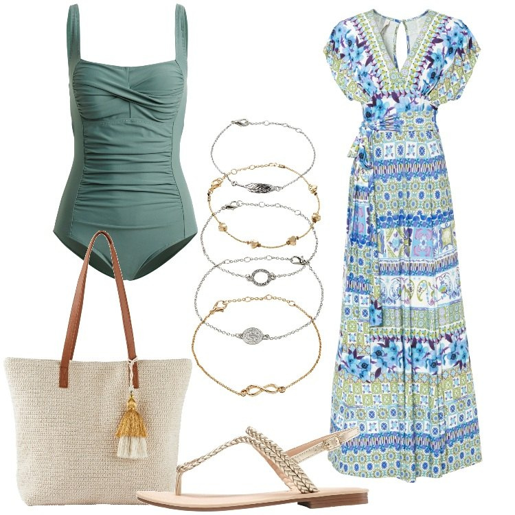 Outfit donna - Bonprix - Sunset look. Stile Etnico per Mare. Abbinamento con ciabatte, costumi interi, braccialetti con ciondoli, vestiti lunghi, shopping bag.