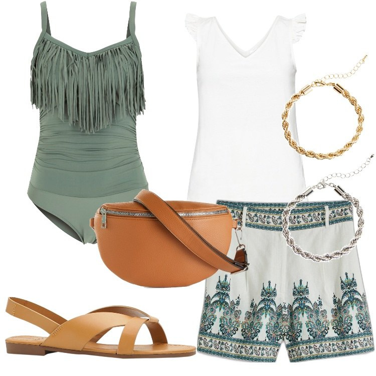 Outfit donna - Bonprix - Sunset look. Stile Boho per Mare. Abbinamento con sandali, top, shorts, costumi interi, marsupi, braccialetti.