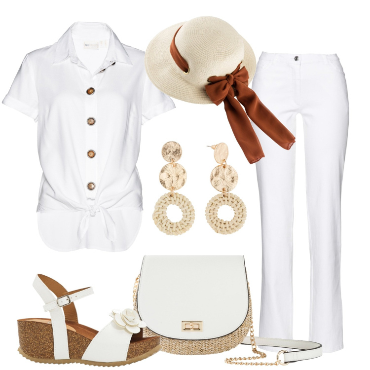Outfit donna - Il cappello con il fiocco. Stile Casual chic per Tutti i giorni. Abbinamento con borse a tracolla, sandali, orecchini, cappelli, pantaloni, camicie.