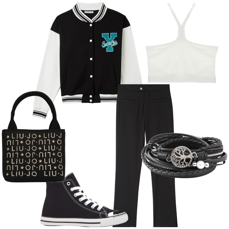 Outfit donna - Total look. Stile Basic per Tutti i giorni. Abbinamento con sneakers alte, braccialetti, bomber, pantaloni, top, borse a mano.