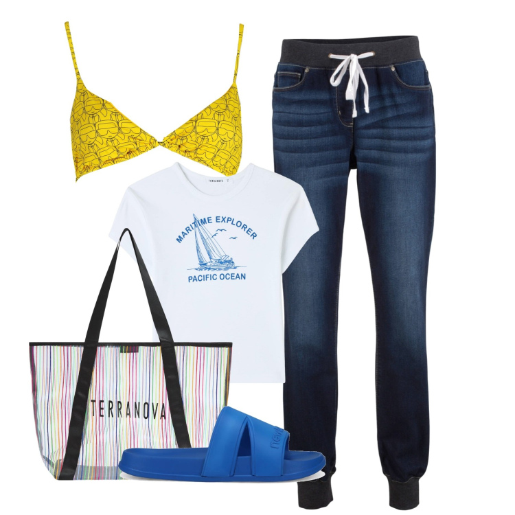 Outfit donna - Mare. Stile Casual per Mare. Abbinamento con jeans boyfriend, t-shirt, shopping bag, sandali, costumi.