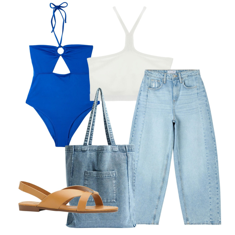Outfit donna - Mare. Stile Casual per Tutti i giorni. Abbinamento con sandali, jeans, shopping bag, costumi interi, top.