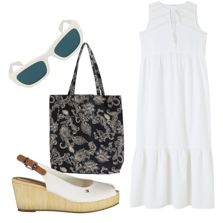 Outfit donna - Zeppe. Stile Bon Ton per Tutti i giorni. Abbinamento con vestiti midi/longuette, shopping bag, sandali col tacco, occhiali da sole.