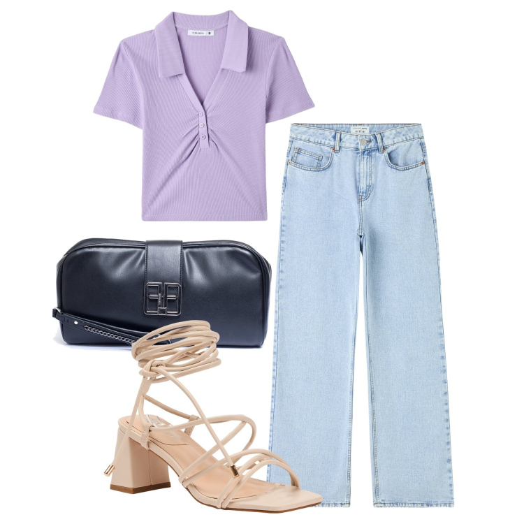 Outfit donna - Mattina. Stile Casual chic per Tutti i giorni. Abbinamento con jeans, polo, sandali alla schiava, pochette.