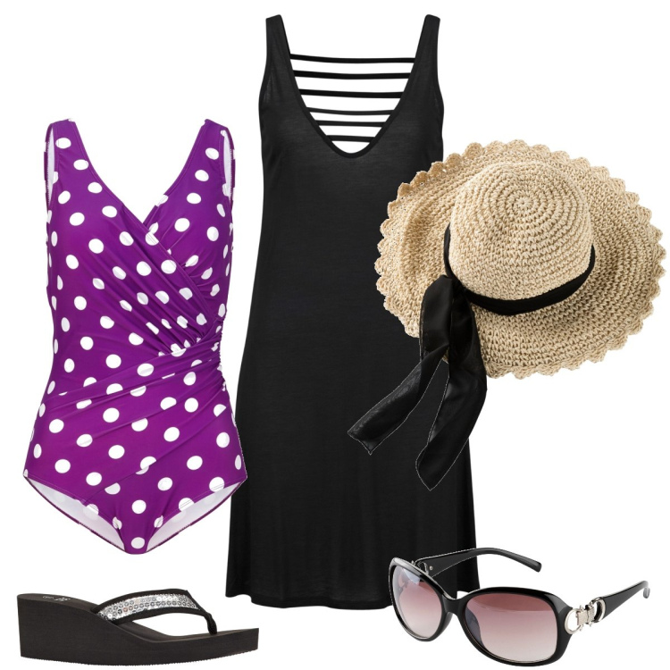 Outfit donna - Il costume a pois. Stile Bon Ton per Mare. Abbinamento con vestiti da spiaggia, cappelli, costumi interi, infradito, occhiali da sole.