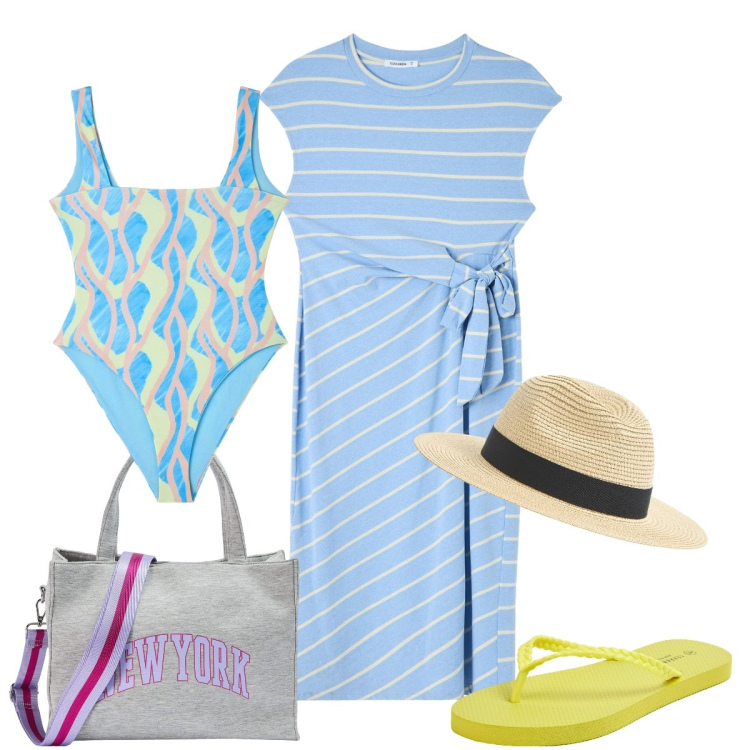 Outfit donna - Fantasie al mare. Stile Bon Ton per Mare. Abbinamento con cappelli, infradito, vestiti lunghi, shopping bag, costumi interi.