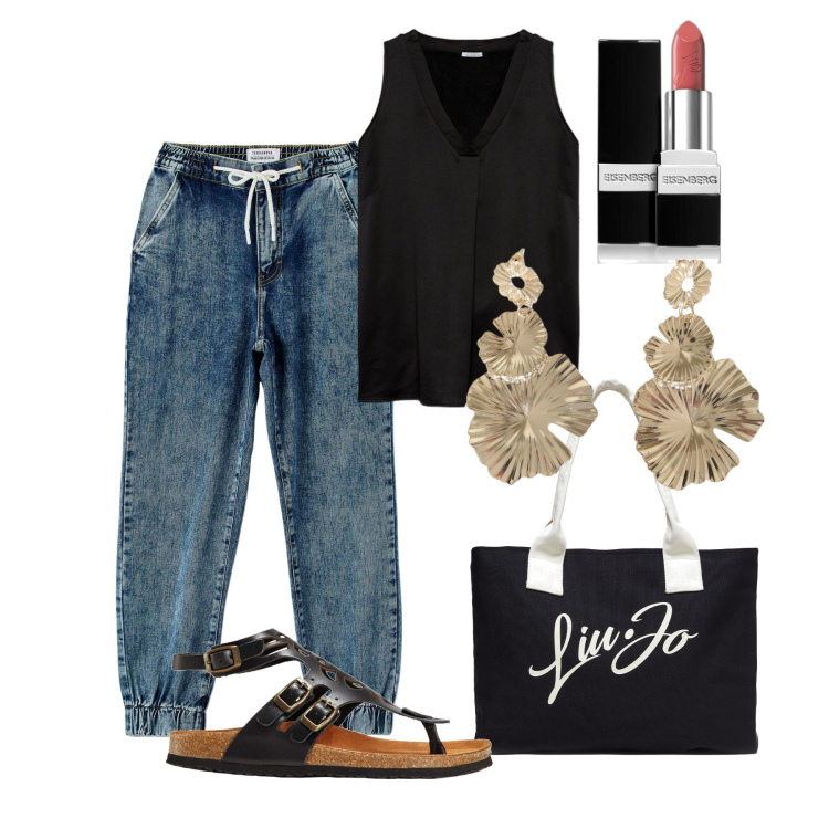 Outfit donna - Urban chic. Stile Urban per Tutti i giorni. Abbinamento con sandali in pelle, rossetti, jeans dritti, orecchini, top, shopping bag.