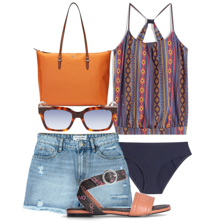 Outfit donna - Casual mare. Stile Casual per Mare. Abbinamento con costumi interi, shorts, borse tote, sandali, occhiali da sole.