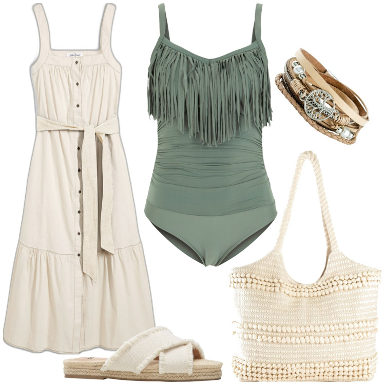 Outfit donna - Total look #1895967. Stile Boho per Mare. Abbinamento con ciabatte, braccialetti, vestiti, costumi interi, shopping bag.