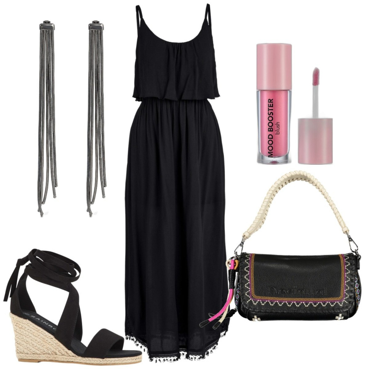 Outfit donna - Serata in lungo leggero. Stile Boho per Serata fuori. Abbinamento con vestiti midi/longuette, sandali, blush, orecchini, borse a spalla.