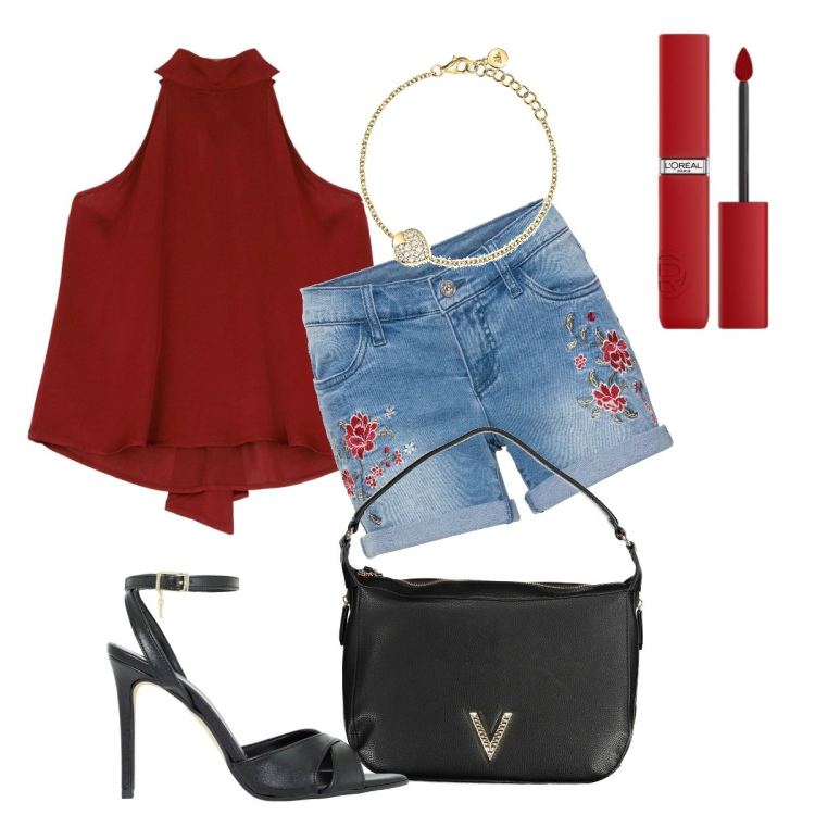 Outfit donna - Elegante anche col jeans. Stile Chic per Serata fuori. Abbinamento con shorts, braccialetti, rossetti, décolleté, canottiere, borse a spalla.