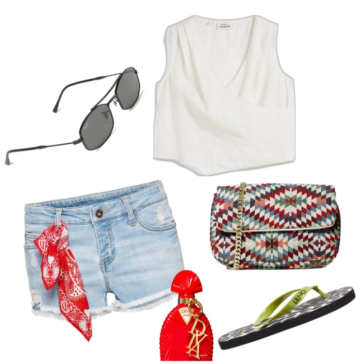 Outfit donna - Shorts. Stile Casual per Mare. Abbinamento con top, shorts, profumi, pochette, occhiali da sole, infradito.