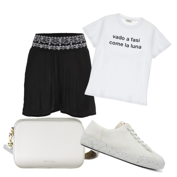 Outfit donna - Basic e sportivo in estate. Stile Basic per Tutti i giorni. Abbinamento con shorts, t-shirt, borse a tracolla, sneakers.