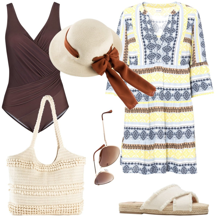 Outfit donna - Total look #1895986. Stile Basic per Mare. Abbinamento con costumi interi, ciabatte, occhiali da sole, vestiti, cappelli, shopping bag.