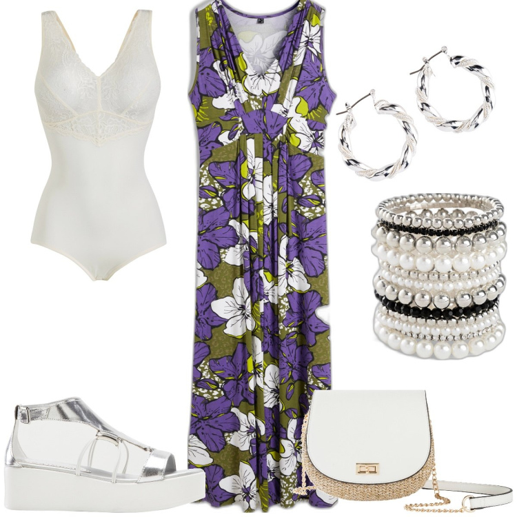 Outfit donna - Total look #1895994. Stile Boho per Tutti i giorni. Abbinamento con braccialetti, borse a tracolla, orecchini, vestiti, sandali col tacco, body.