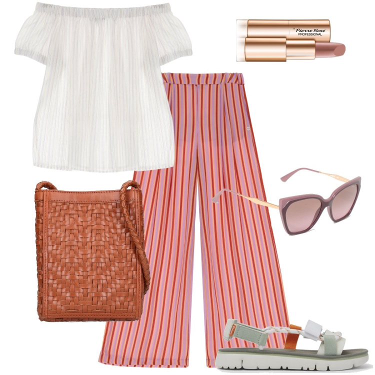 Outfit donna - La spesa per la casa. Stile Casual chic per Tutti i giorni. Abbinamento con rossetti, bluse, pantaloni a palazzo, borse a spalla, occhiali da sole, sandali in pelle.