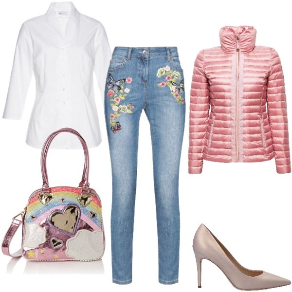 Outfit donna - Il contrario dell\'autunno. Stile Urban per Tutti i giorni. Abbinamento con camicie, jeans a tubo con ricamo e zip tinta unita, décolleté effetto laminato a punta tinta unita, giacca rosa, borsa a mano rosa.
