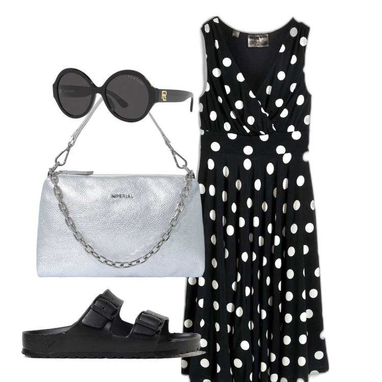 Outfit donna - A pois. Stile Bon Ton per Tutti i giorni. Abbinamento con vestiti, pochette, occhiali da sole, sandali.