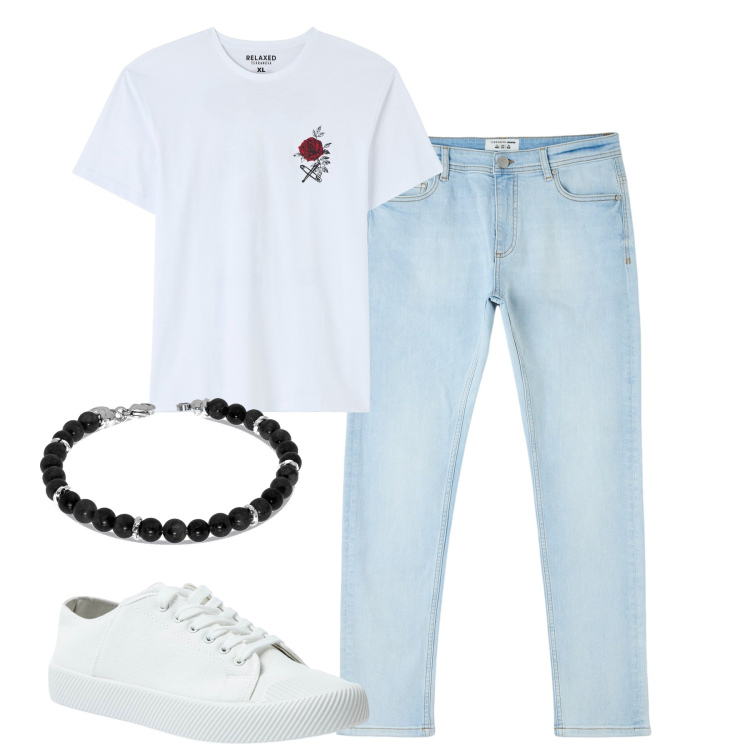Outfit uomo - Total look #1896020. Stile Casual per Tutti i giorni. Abbinamento con jeans skinny, t-shirt, sneakers, braccialetti.