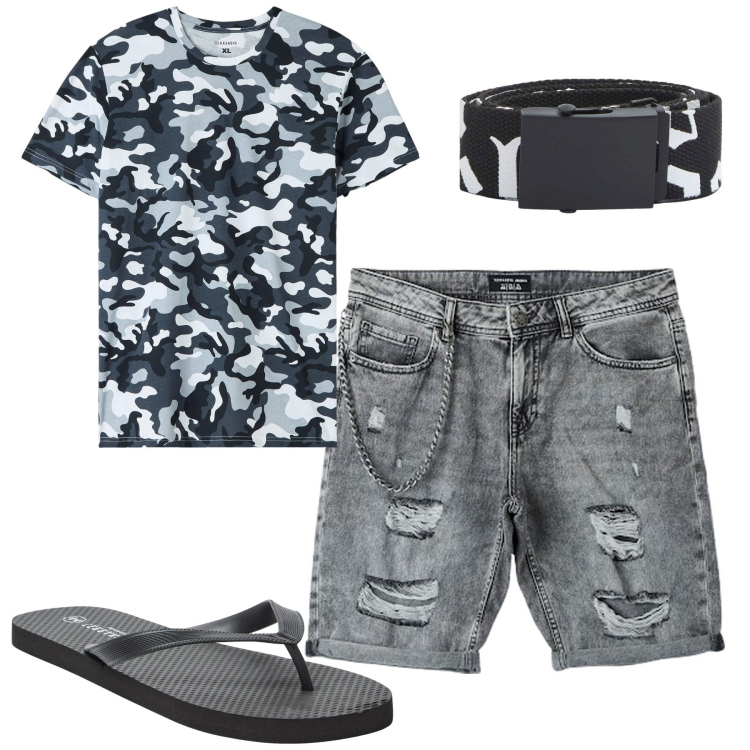 Outfit uomo - Tempo libero. Stile Casual per Tutti i giorni. Abbinamento con t-shirt, cinture, sandali, bermuda.