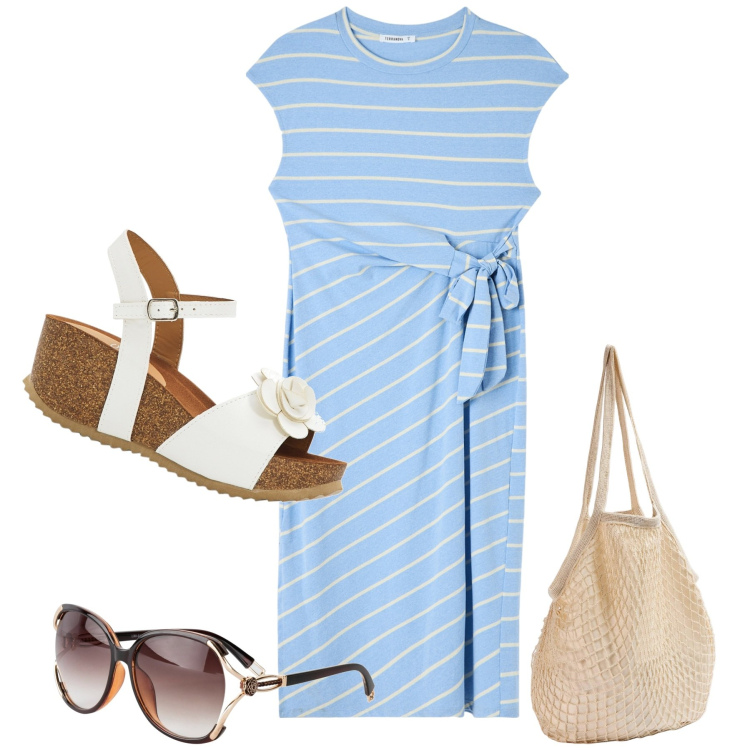 Outfit donna - Spendo poco. Stile Basic per Tutti i giorni. Abbinamento con sandali, occhiali da sole, vestiti lunghi, borse a spalla.