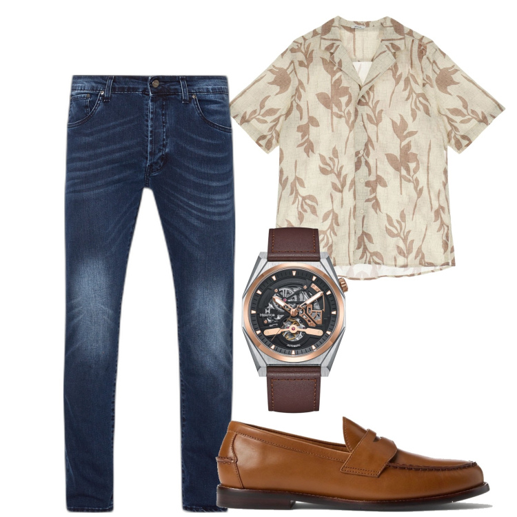 Outfit uomo - City. Stile Casual per Tutti i giorni. Abbinamento con orologi, camicie a manica corta, scarpe stringate, jeans skinny.