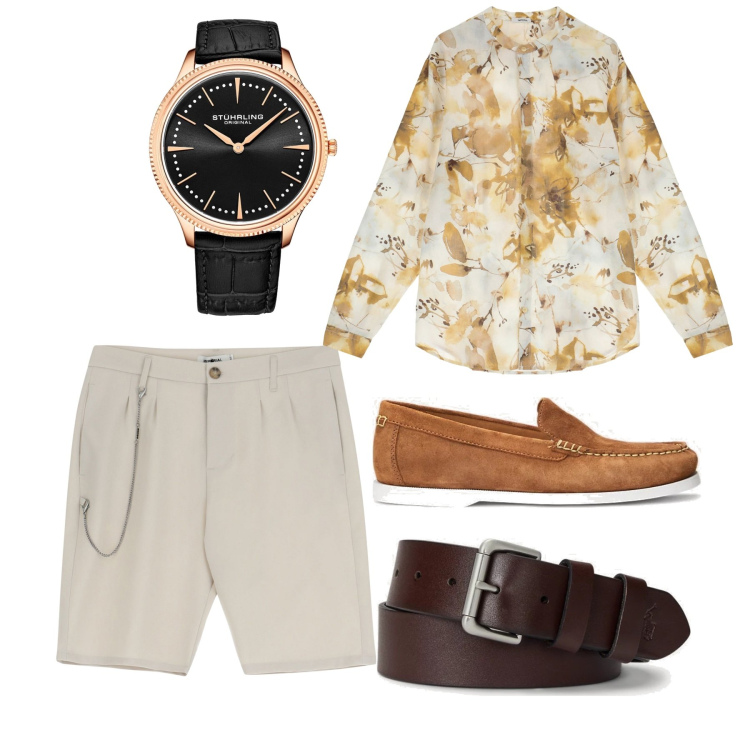 Outfit uomo - City. Stile Casual per Tutti i giorni. Abbinamento con orologi, camicie, bermuda, cinture, scarpe stringate.